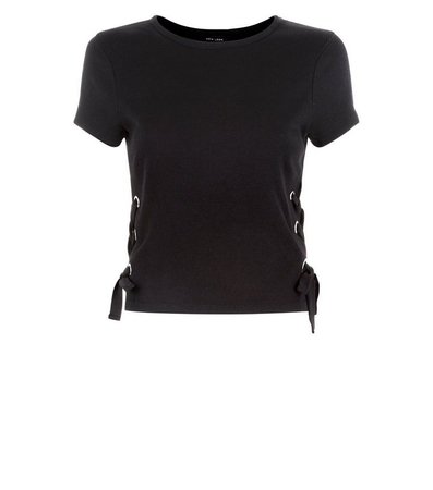 Black Ribbed Lace Up Side T-Shirt | New Look
