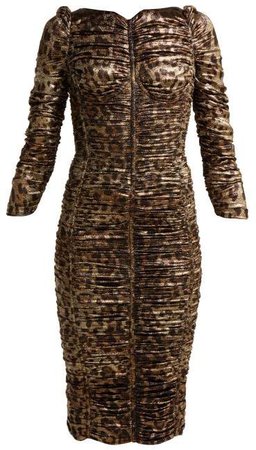 Leopard Print Lame Ruched Midi Dress - Womens - Leopard