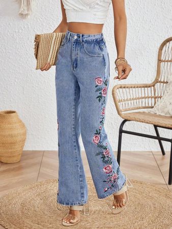 SHEIN VCAY Women's Floral Embroidery Flared Denim Pants | SHEIN USA
