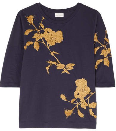 Hefiza Metallic Floral-embroidered Cotton-jersey T-shirt - Purple