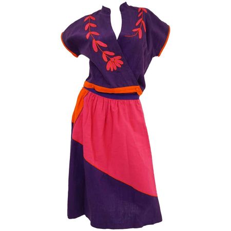 1960s Josefa Pink, Orange, and Purple Embroidered Mexican Shirt and To - MRS Couture