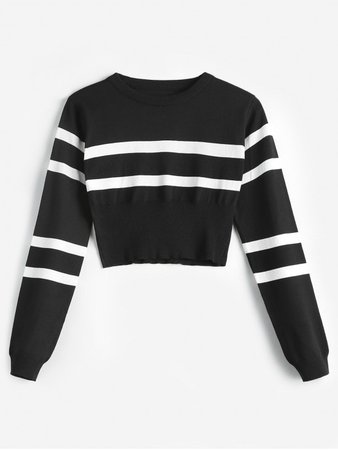 [32% OFF] [HOT] 2020 Striped Round Neck Short Sweater In BLACK | ZAFUL