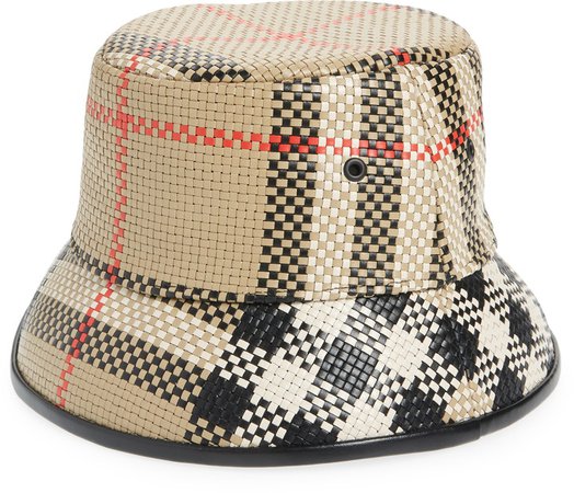 Check Woven Leather Bucket Hat