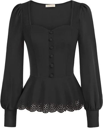 Women Vintage Square Neck Blouse Pullover Solid Blouse Tops Scalloped Hem Blouse T Shirt (Black,XL) at Amazon Women’s Clothing store
