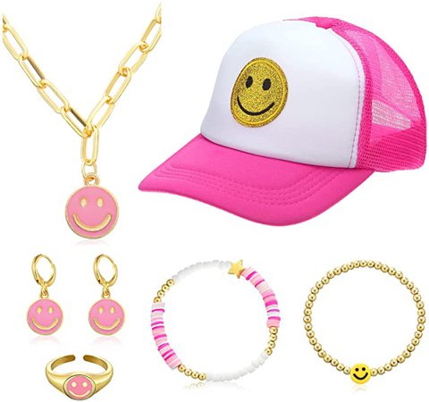 Preppy Jewelry Set, Smile Face Trucker Hat Preppy Happy Smile Bracelets, Earrings, Necklaces and Ring Preppy Accessories for Men and Women: Clothing, Shoes & Jewelry