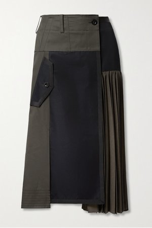 Paneled Pleated Grosgrain-trimmed Cotton-blend Twill And Wool Midi Skirt - Gray green