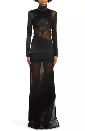 TOM FORD Long Sleeve Floral Lace & Stretch Satin Gown | Nordstrom