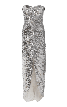 RODARTE - Ruched Strapless Sequined Midi Dress In Silver