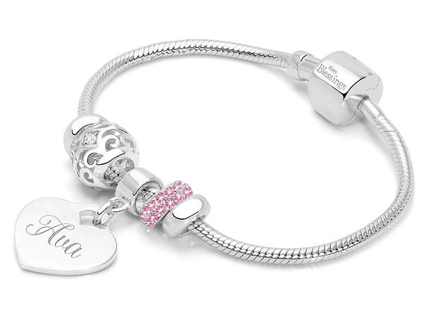 silver and pink charm bracelet