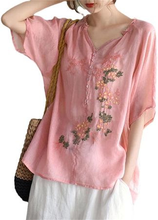 Women's Summer Embroidered Shirt V Neck Short Sleeve Loose Pullover Top at Amazon Women’s Clothing store