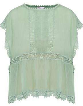 Crochet-trimmed Pintucked Cotton-voile Blouse