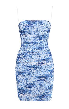 Clothing : Bodycon Dresses : 'Ella' Blue + White Ruched Organza Mesh Mini Dress