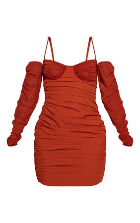 Rust Woven Ruched Mesh Insert Bardot Bodycon Dress - Short Dresses - Dresses - Women's Clothing | PrettyLittleThing USA