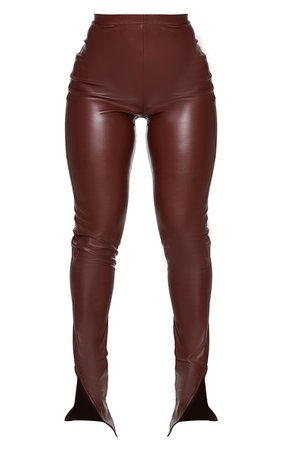 Shape Chocolate Brown Pu Split Hem Trouser | PrettyLittleThing USA