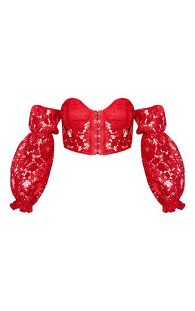RED LACE BARDOT HOOK AND EYE CROP TOP