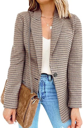 Sidefeel Women Plaid Print Outwear Work Office Suit Jacket Casual Blazers Coat Small Khaki at Amazon Women’s Clothing store