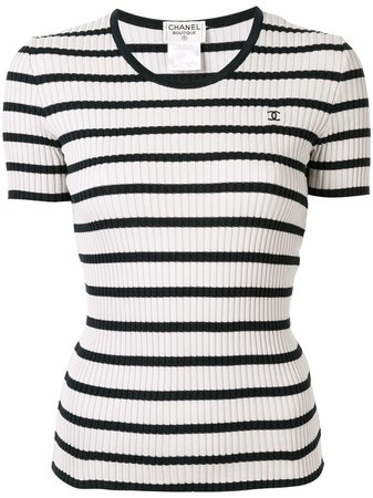 CHANEL Chanel Vintage Striped Ribbed T-shirt - White