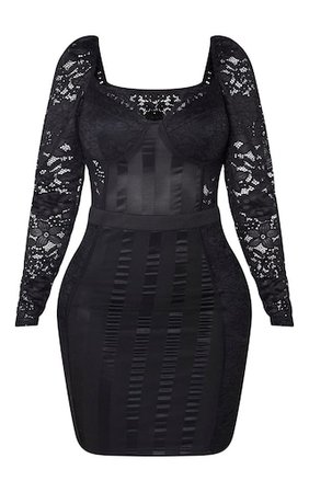 Shape Black Lace Mesh Stripe Long Sleeve Dress | PrettyLittleThing USA