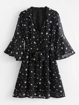 Star Print Flounce Sleeve Self Tie Dress
