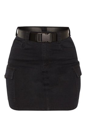 Black Cargo Pocket Belted Denim Skirt | PrettyLittleThing