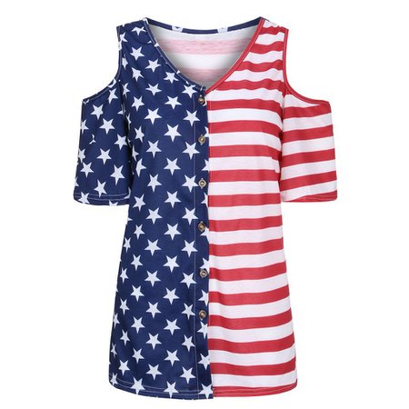 nomeni - Starmoon Womens Patriotic Stripes Star American Flag Cold Shoulder Button Down Blouse Top - Walmart.com - Walmart.com