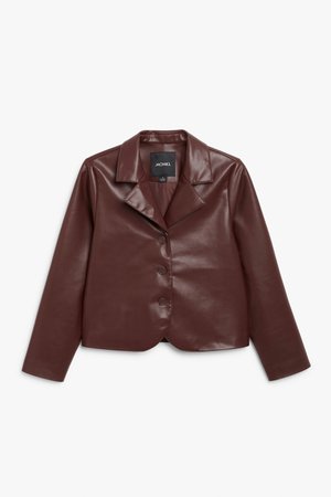 Cropped faux leather jacket - Burgundy - Blazers - Monki WW