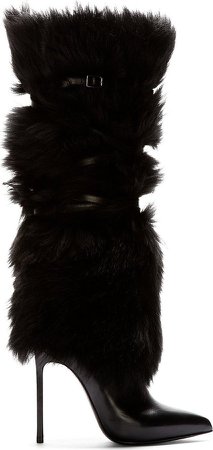 Saint Laurent Black Leather Fur Knee High Stiletto Paris Boot, $2,545 | SSENSE | Lookastic.com