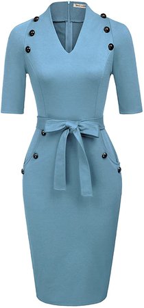 Women Vintage Short Sleeve Slim Fit Belted Business Pencil Dress at Amazon Women’s Clothing store