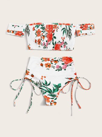 Floral Random Print Smocked Bardot Tie Side Bikini Swimsuit | SHEIN USA