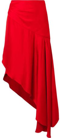 Asymmetric Satin Midi Skirt - Red