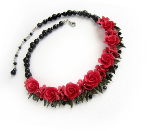 Statement necklace Red roses floral jewelry Red and black Gift