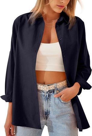 Womens Button Down Shirts Office Long Sleeve Loose Fit Collared Blouses Work Casual Blouse Tops at Amazon Women’s Clothing store