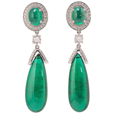 42.32 Carat Emerald Cabochon and Diamond Drop Earring