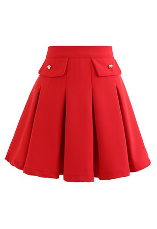 Tiny Heart Button Pleated Mini Skirt in Red - Retro, Indie and Unique Fashion