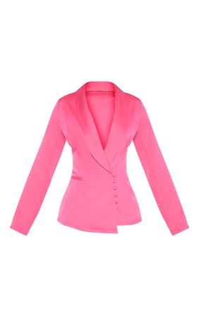 Hot Pink Woven Collar Button Detail Blazer | PrettyLittleThing USA
