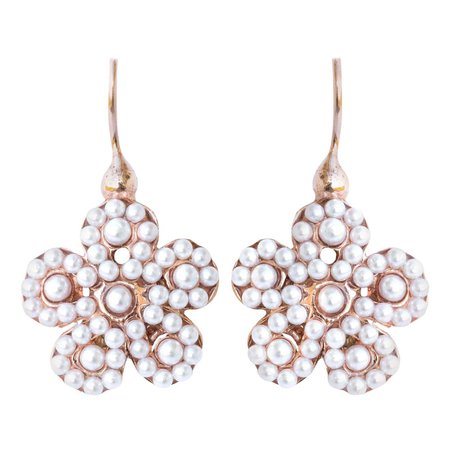 Italian Flower Pearl Vermeil Drop Earrings For Sale at 1stDibs
