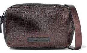 Bead-embellished Metallic Textured-leather Shoulder Bag