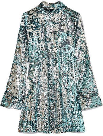 Halpern - Sequined Tulle Turtleneck Mini Dress - Blue