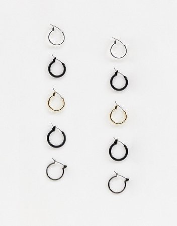 ASOS DESIGN 10mm and 12mm hoop earring pack in black, gold and silver tone | ASOS