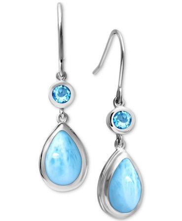 Sterling Silver Marahlago Larimar and Blue Topaz Drop Earrings