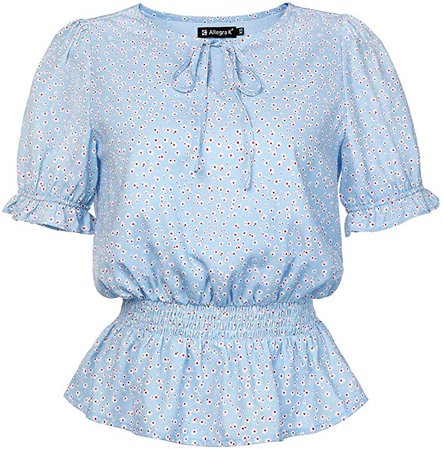 Allegra K Women's Floral Ditsy Tie Keyhole Elastic Waist Vintage Smocked Tops XS Blue at Amazon Women’s Clothing store