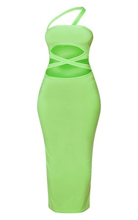 Lime Slinky Asymmetric Strap Cut Out Midaxi Dress | PrettyLittleThing USA