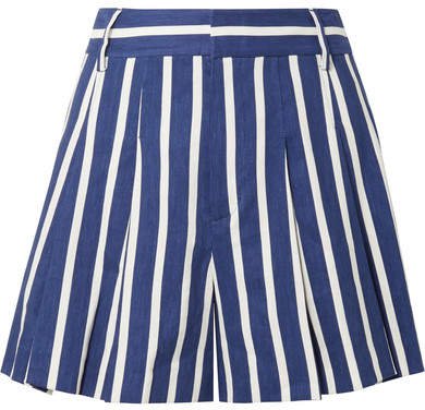 Alice Olivia - Scarlet Pleated Striped Linen-blend Shorts - Blue