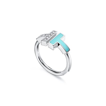 Tiffany T diamond and turquoise square ring in 18k white gold. | Tiffany & Co.