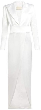 Plunge Neck Satin Crepe Tuxedo Gown - Womens - White