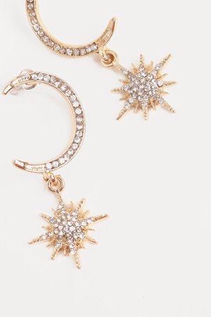 Gold Half Moon and Star Diamanté Earrings
