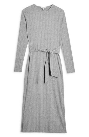 Topshop Tie Waist Long Sleeve Knit Midi Dress grey