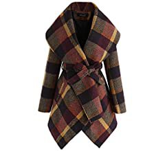 Amazon.com: CHICWISH Women's Turn Down Shawl Collar Open Front Long Sleeve Plum Check Asymmetric Hemline Wool Blend Coat : Clothing, Shoes & Jewelry