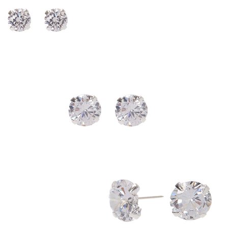 Sterling Silver Cubic Zirconia Graduated Round Stud Earrings - 3 Pack | Claire's US