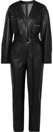 Belted Faux Leather Jumpsuit - Black
